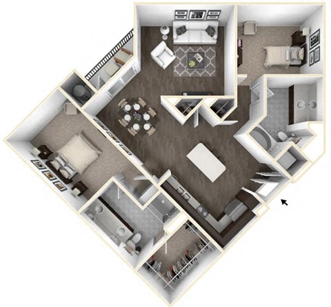 Floor plan for 1 bed, 2 baths, 1233 sqft